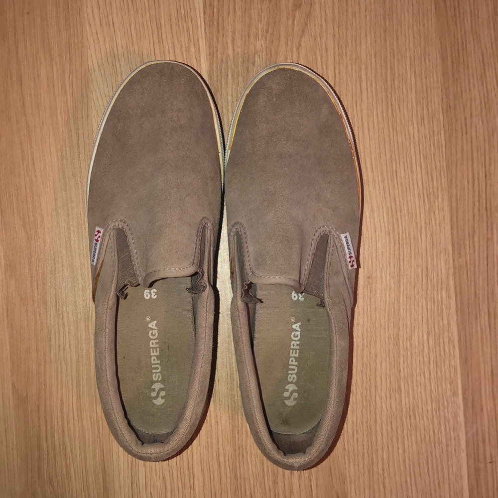 Superga Tan Suede Slip On Platform Sneaker